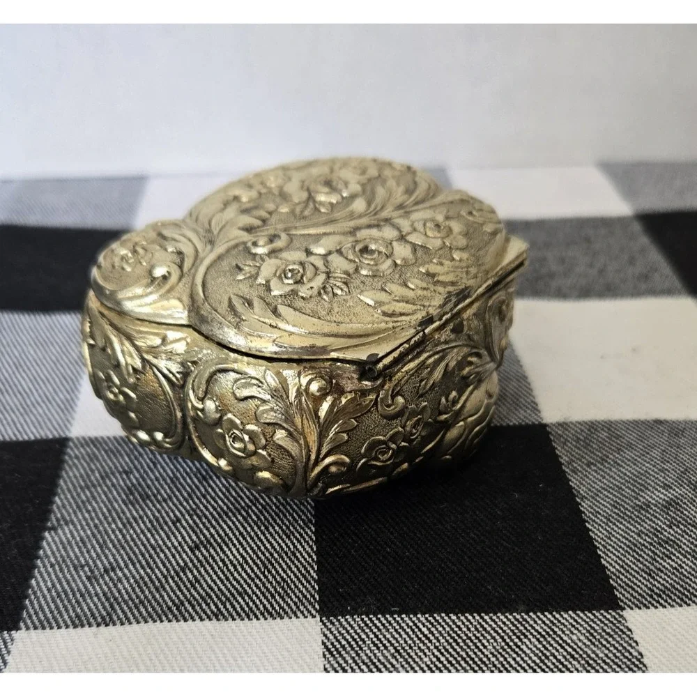 Silver Tone Hinged Trinket Jewelry Box Red Felt Lined Rose Pattern Made in Japan